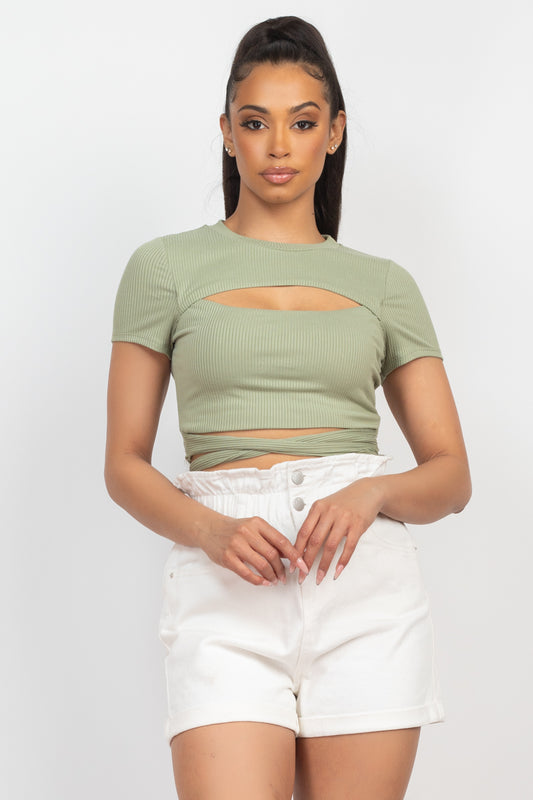 Self-tie Ribbon Front Cutout Crop Top