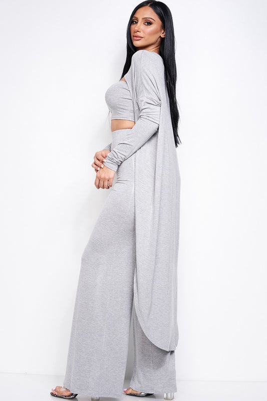 Solid Heavy Rayon Spandex Tube Top, Long Sleeve Cape Top And Wide Leg Pants 3 Piece Set