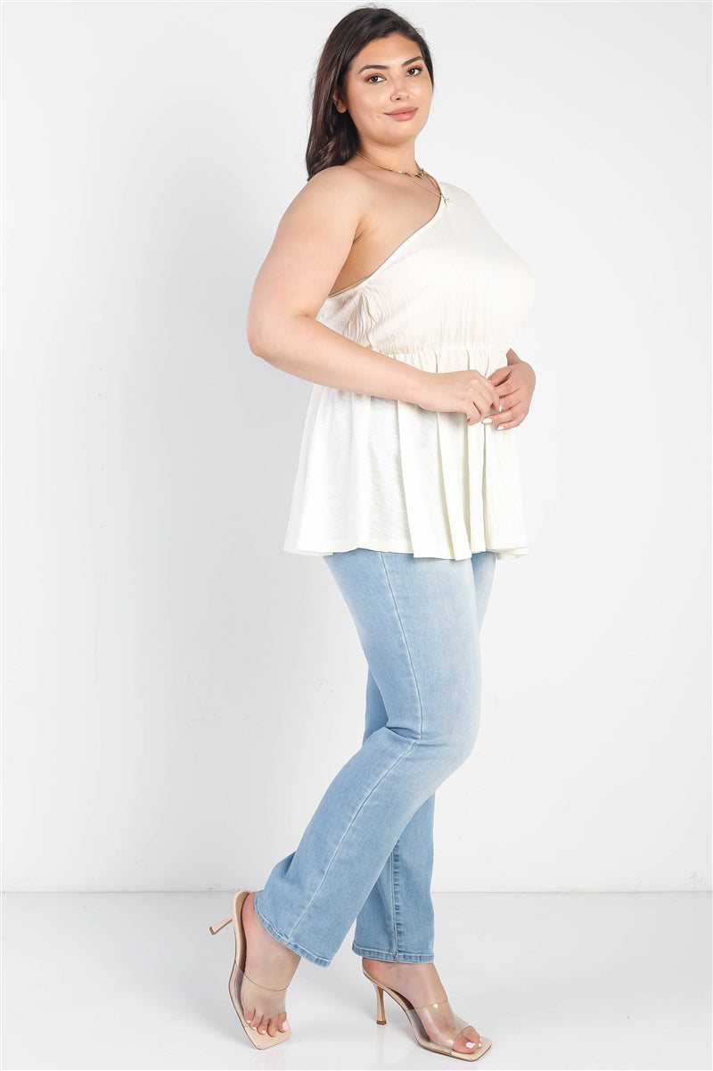 Plus Cream Textured One Shoulder Elasticized Waist Flare Hem Top